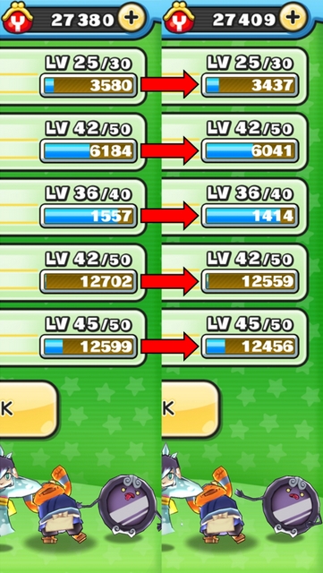 妖怪ウォッチぷにぷに 次のレベルまでの経験値 比較